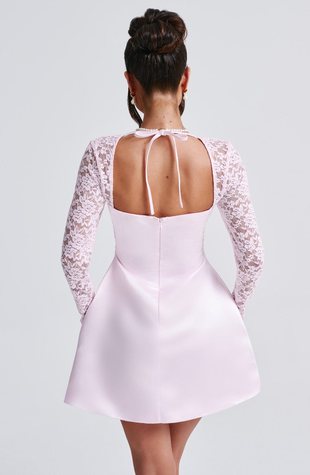 Satin Square Neck Lace Long Sleeve Flared Mini Dress 7