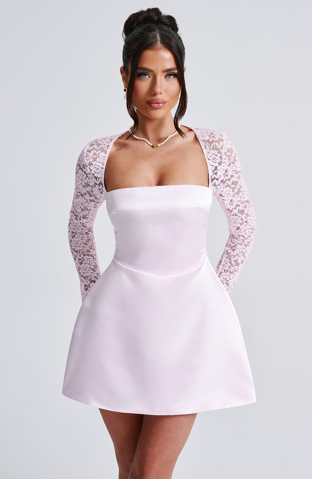 Satin Square Neck Lace Long Sleeve Flared Mini Dress 10