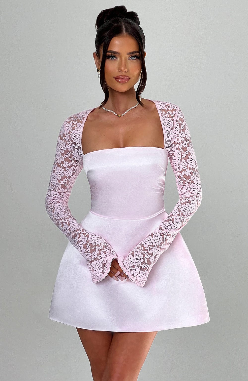 Satin Square Neck Lace Long Sleeve Flared Mini Dress