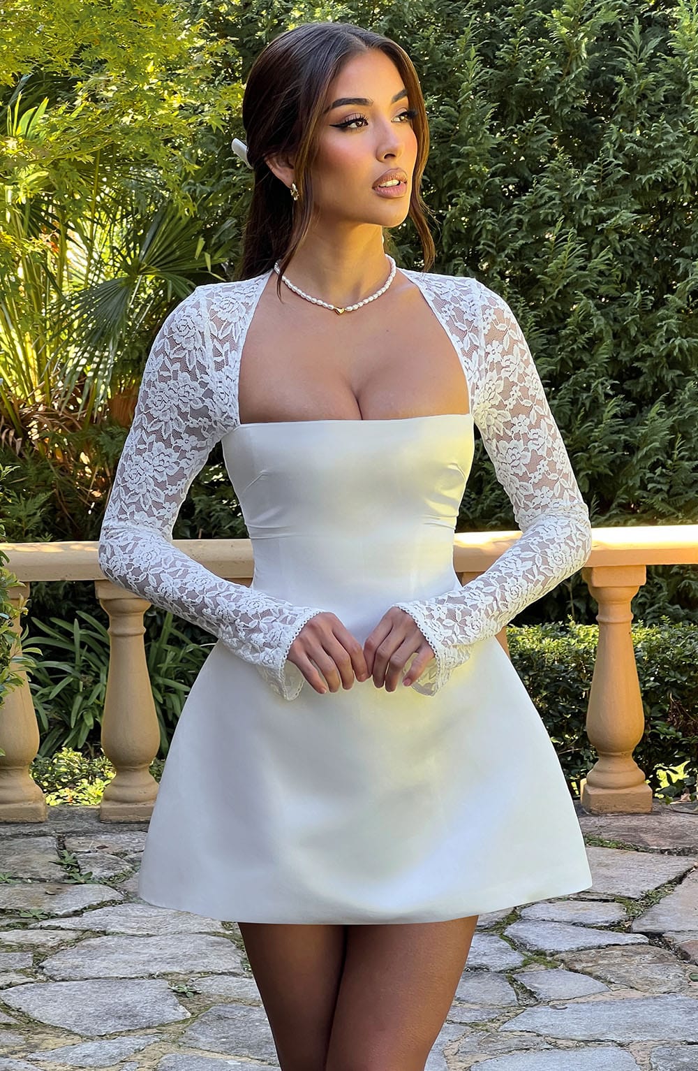 Satin Square Neck Lace Long Sleeve A-Line Mini Dress 9