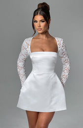 Satin Square Neck Lace Long Sleeve A-Line Mini Dress 4
