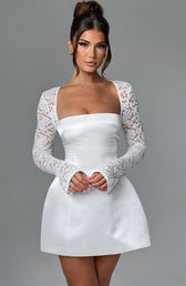 Satin Square Neck Lace Long Sleeve A-Line Mini Dress 8