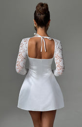 Satin Square Neck Lace Long Sleeve A-Line Mini Dress 2