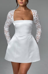 Satin Square Neck Lace Long Sleeve A-Line Mini Dress 3