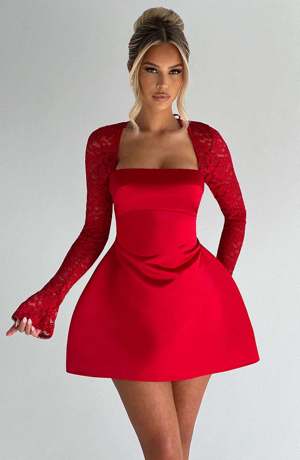 Satin Square Neck Lace Long Sleeve Fit and Flare Mini Dress