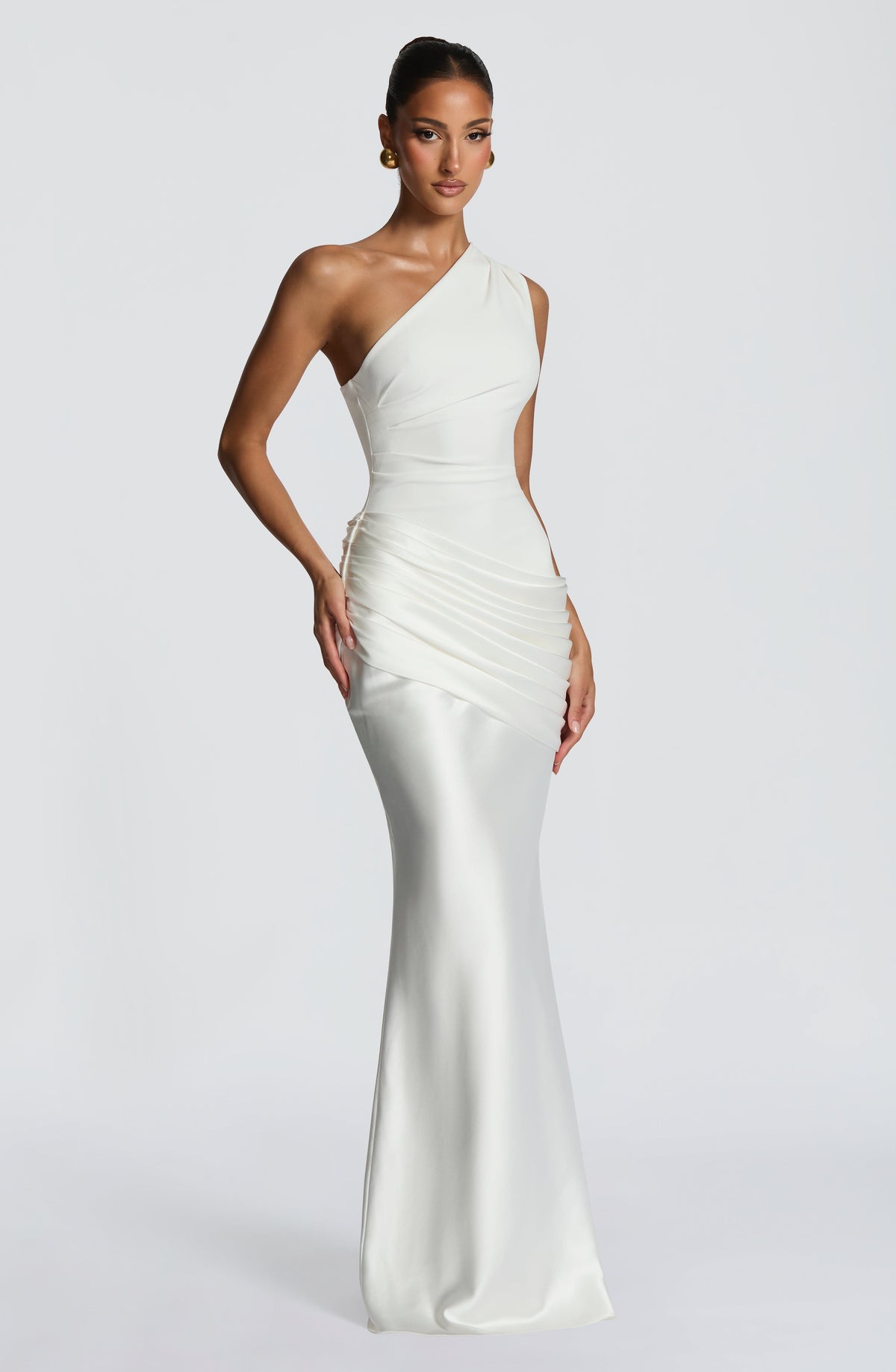 Satin One Shoulder Draped Hip Mermaid Maxi Gown 3
