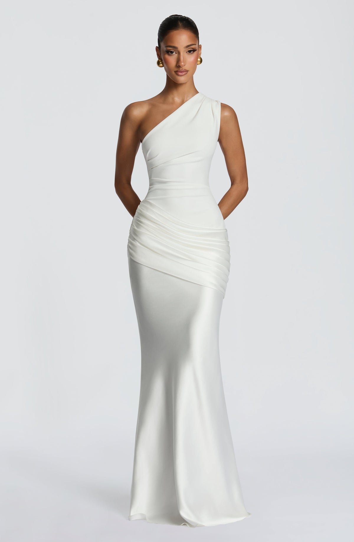 Satin One Shoulder Draped Hip Mermaid Maxi Gown 4