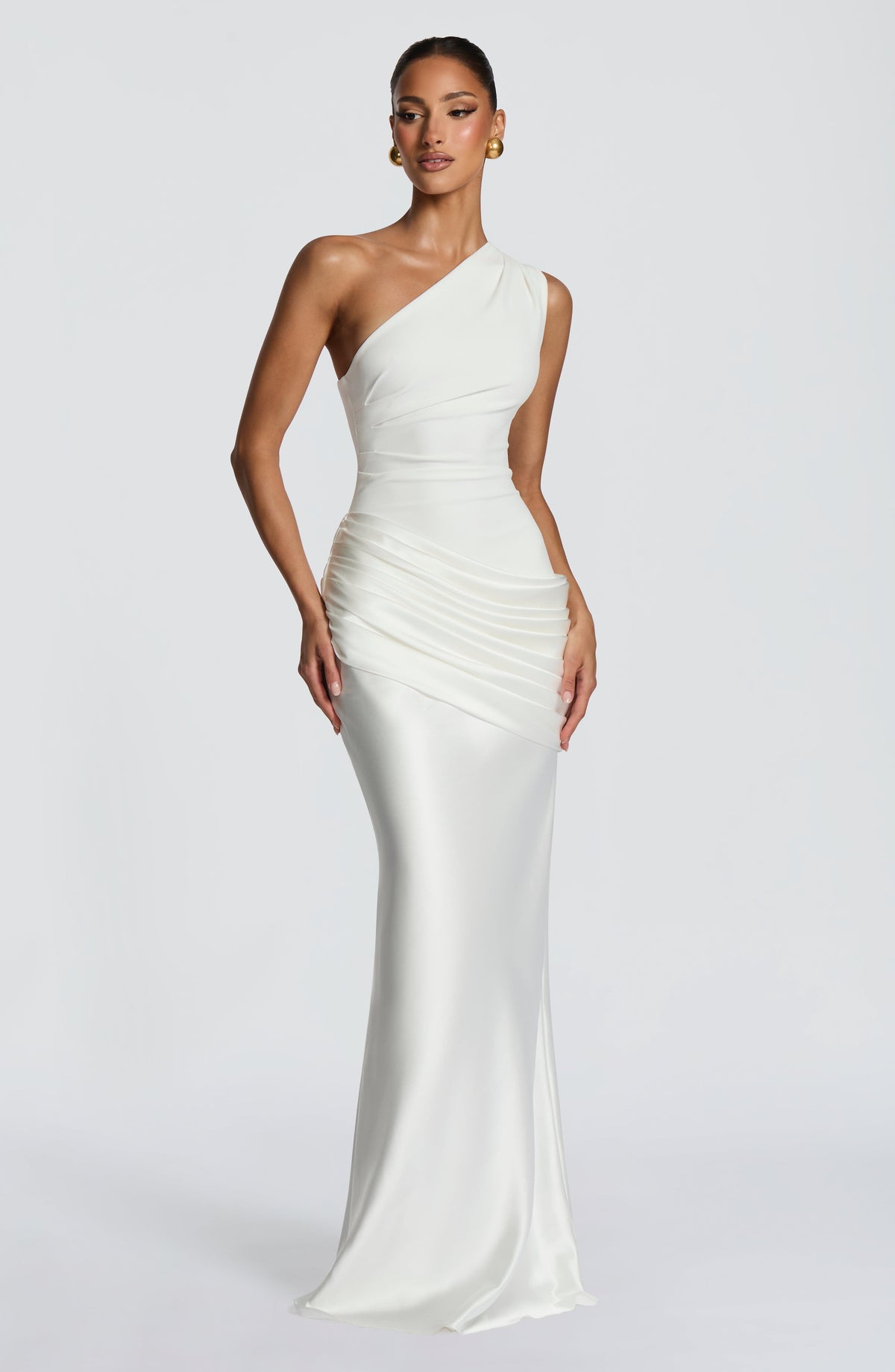 Satin One Shoulder Draped Hip Mermaid Maxi Gown 5