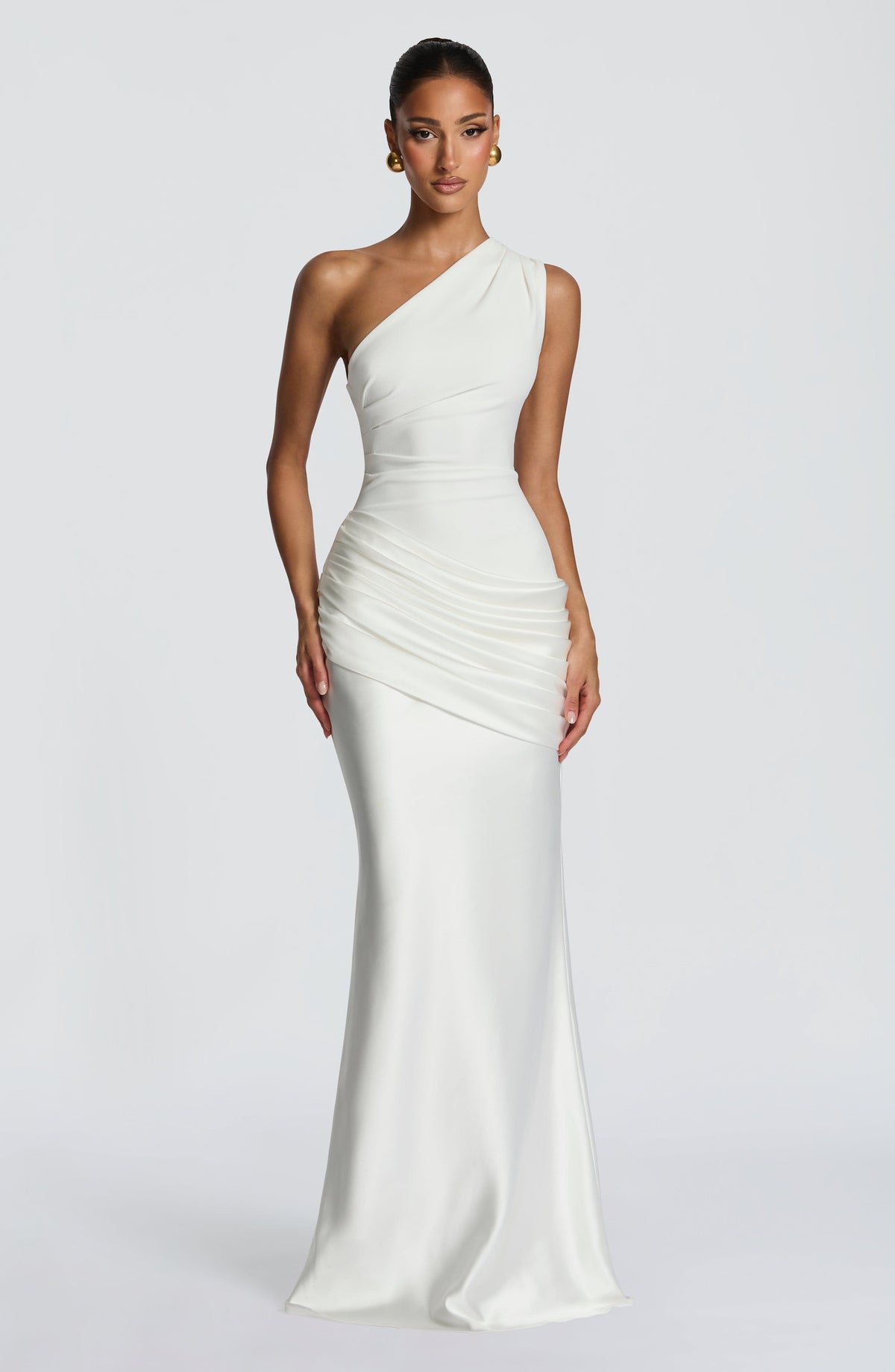 Satin One Shoulder Draped Hip Mermaid Maxi Gown