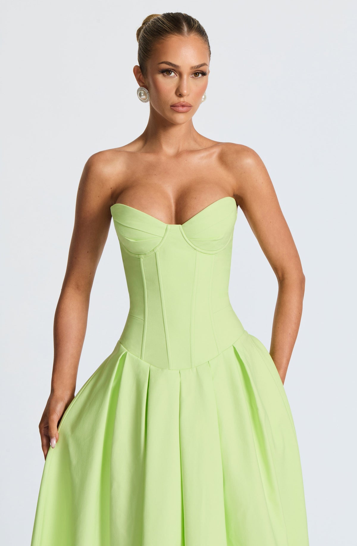 Strapless Sweetheart Corset Bodice Drop Waist Full Skirt Midi Dress 9