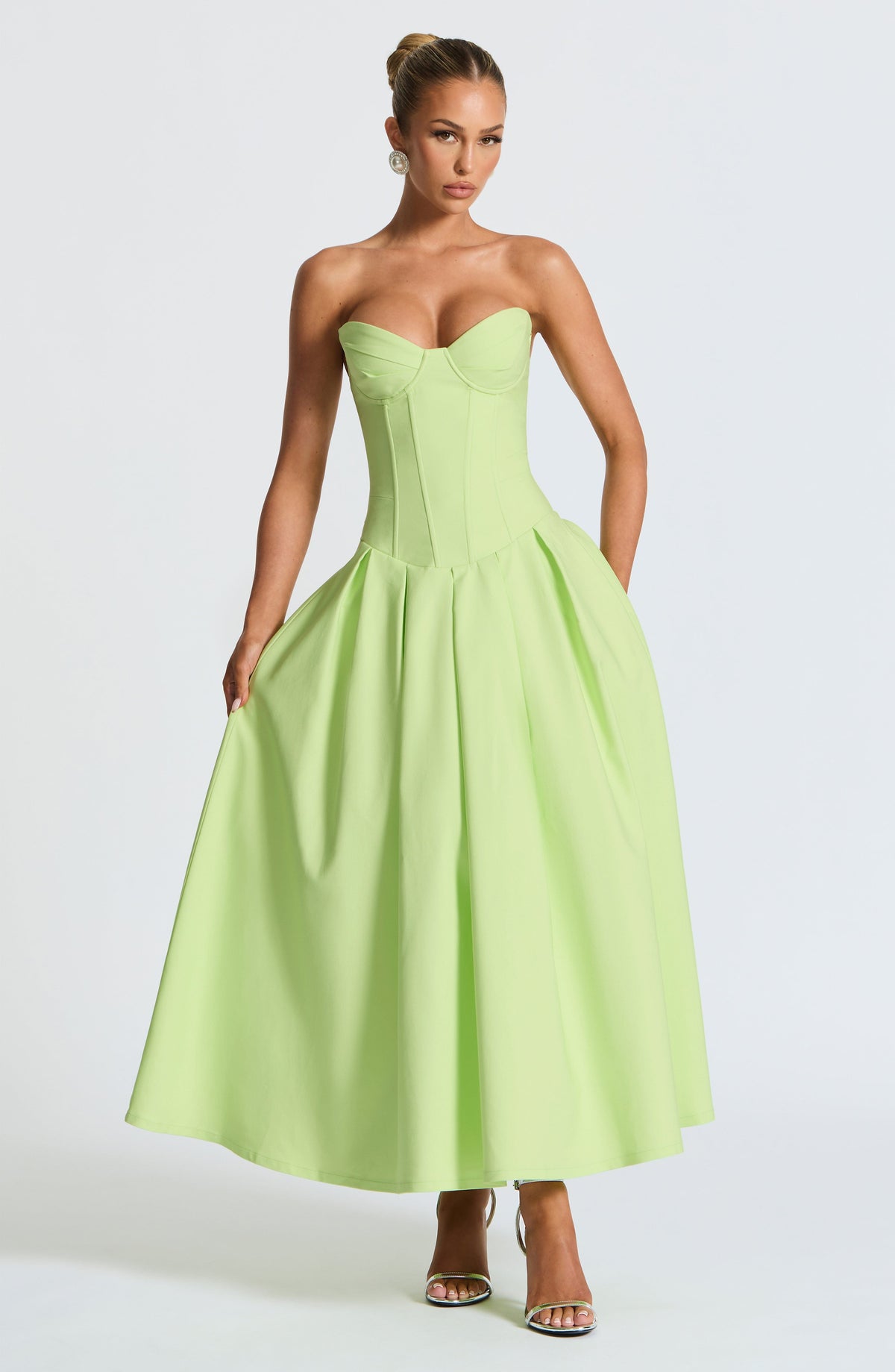 Strapless Sweetheart Corset Bodice Drop Waist Full Skirt Midi Dress