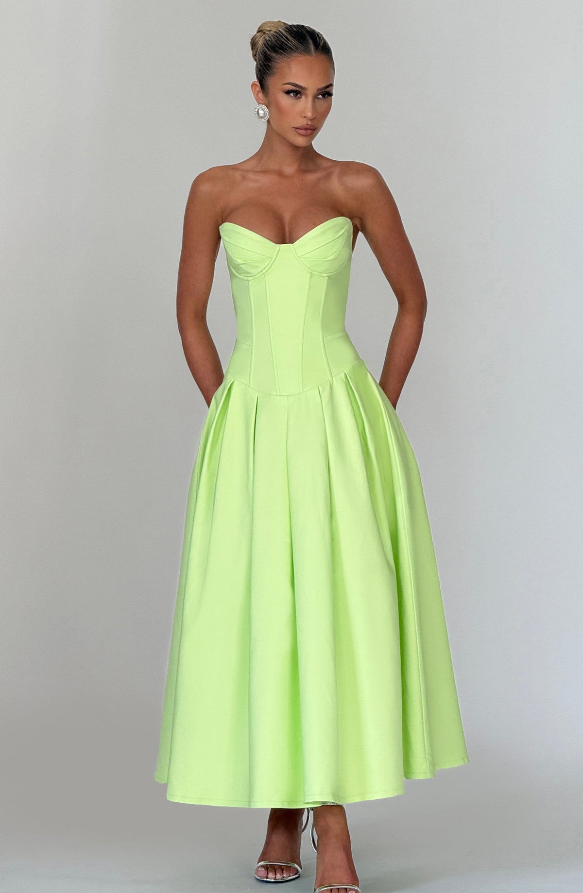 Strapless Sweetheart Corset Bodice Drop Waist Full Skirt Midi Dress 5