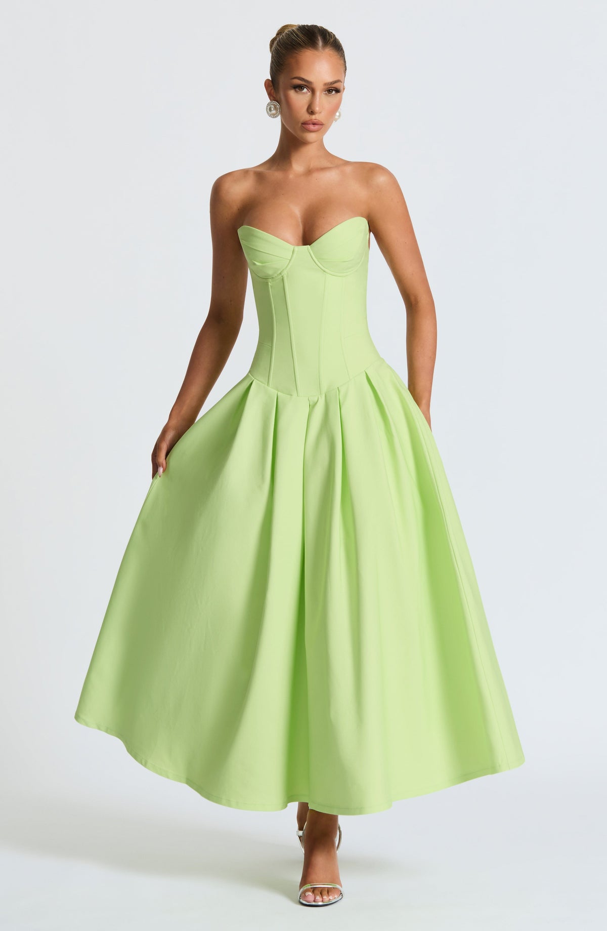 Strapless Sweetheart Corset Bodice Drop Waist Full Skirt Midi Dress 7