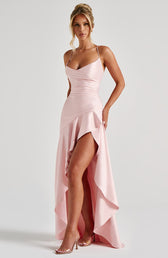Satin Spaghetti Strap Ruched High Split Maxi Dress 9