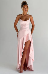 Satin Spaghetti Strap Ruched High Split Maxi Dress