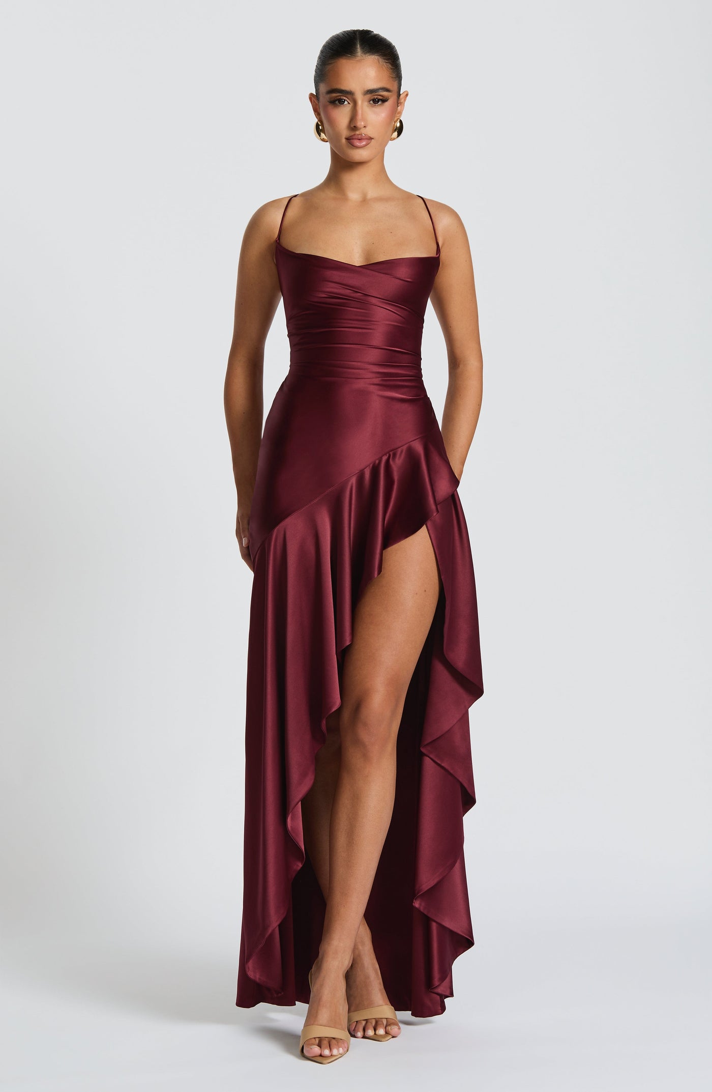 Satin Cowl Neck Ruched High Split Maxi Dress 4