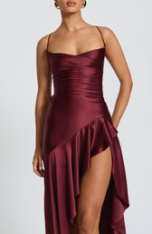 Satin Cowl Neck Ruched High Split Maxi Dress 7