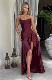 Satin Cowl Neck Ruched High Split Maxi Dress