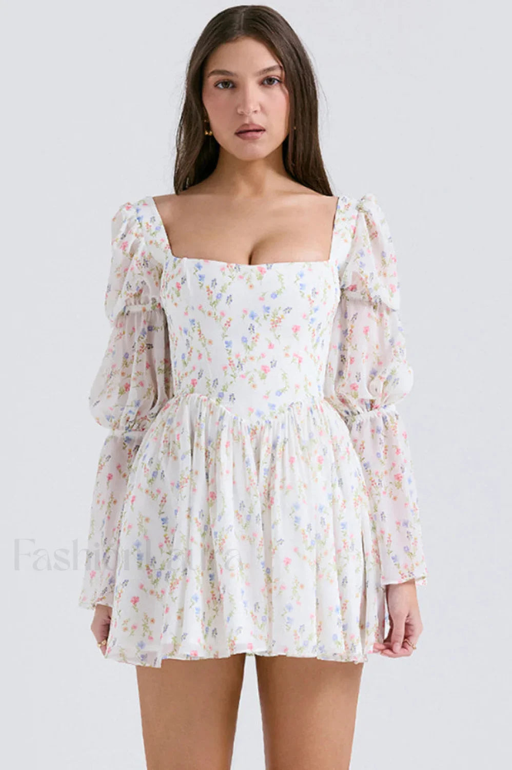 Sancia Printed Puff Charming Sleeve Mini Dress XS / White Printed