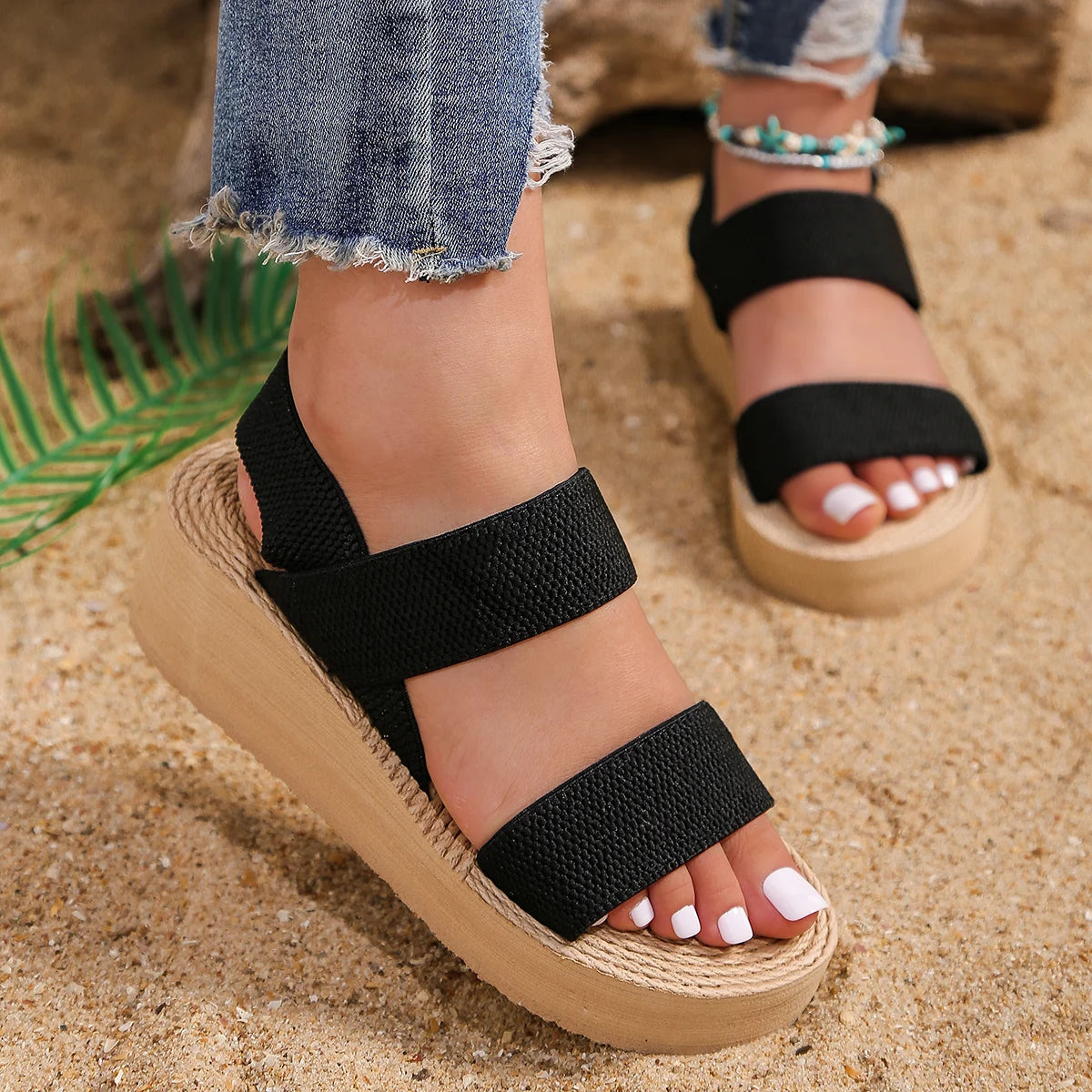 Open Toe Elastic Strap Espadrille Platform Wedge Sandals