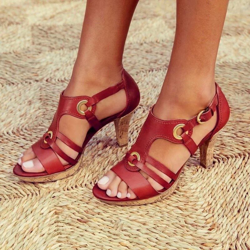 T-Strap Ring Detail Cork Block Heel Sandals