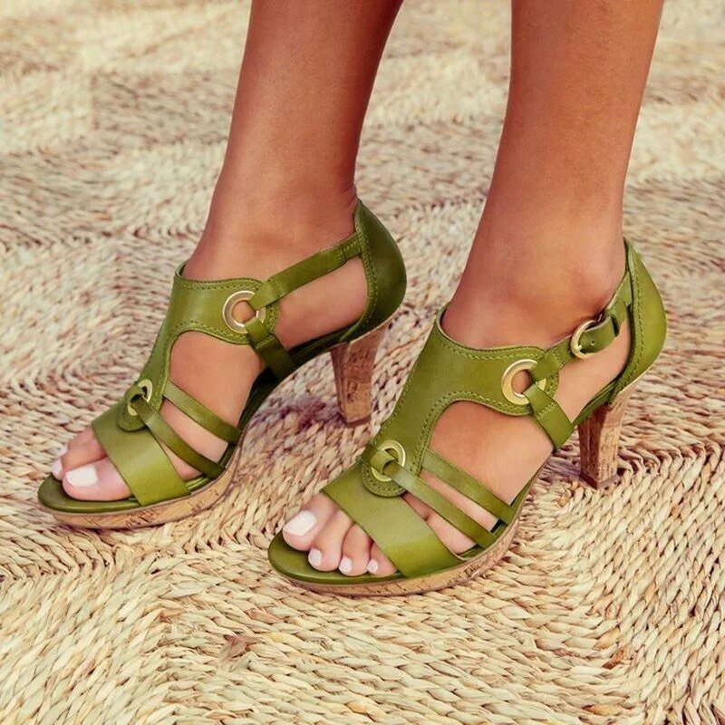 T-Strap Ring Detail Cork Block Heel Sandals