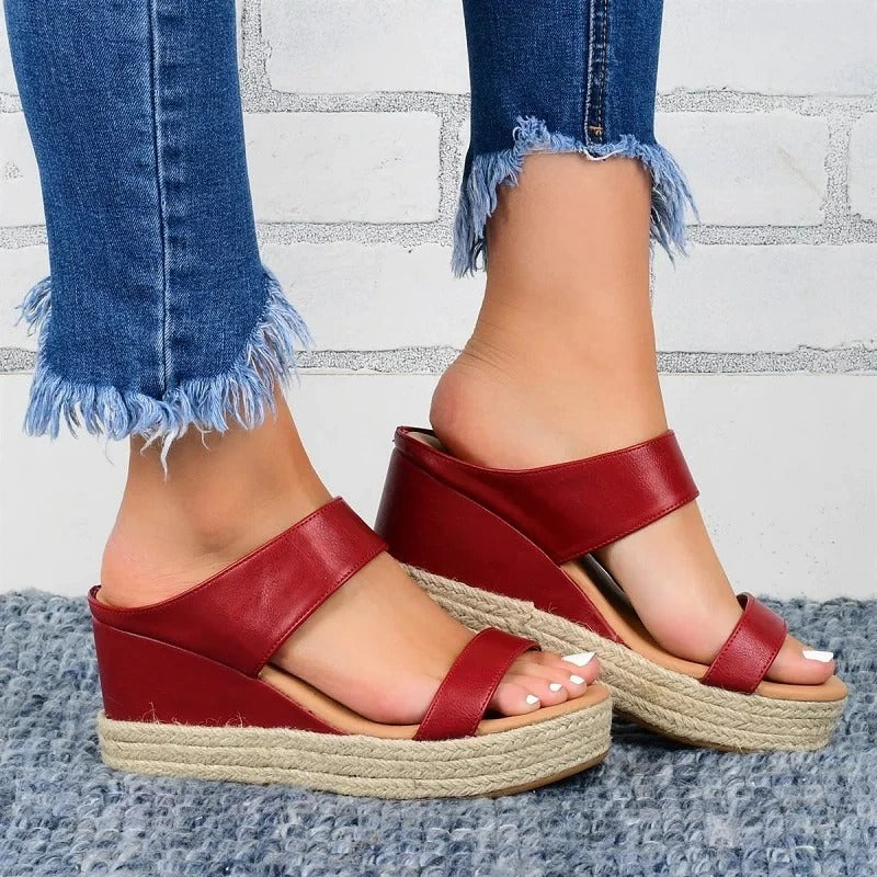 Denim Look Two Band Espadrille Platform Wedge Slides