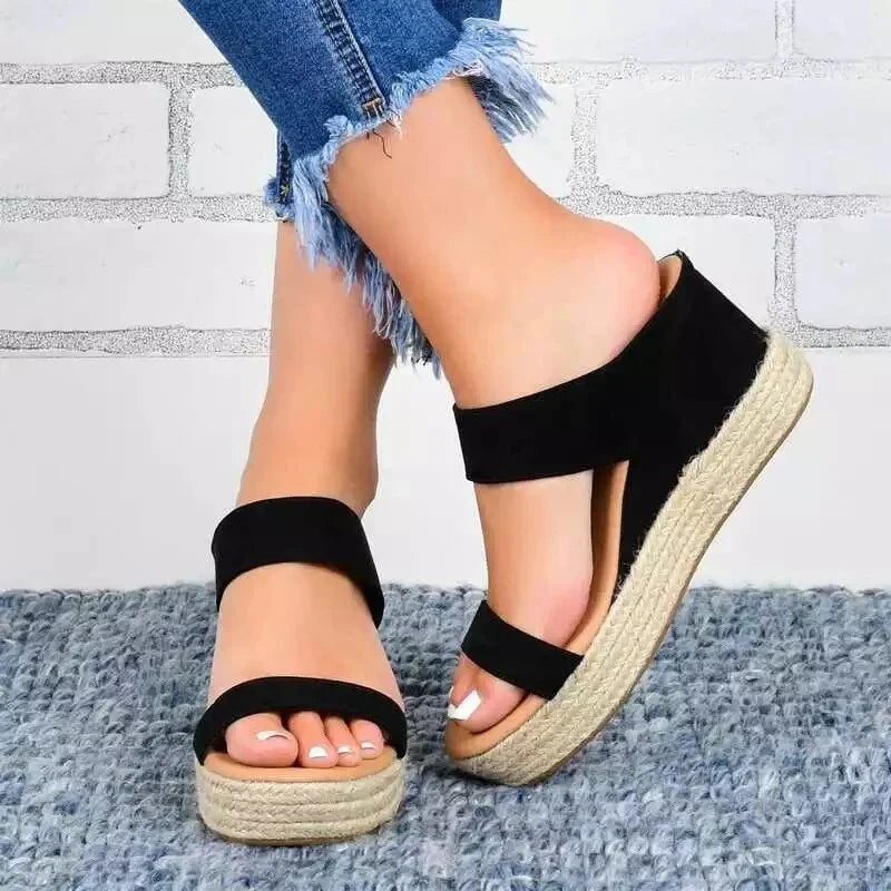 Denim Look Two Band Espadrille Platform Wedge Slides