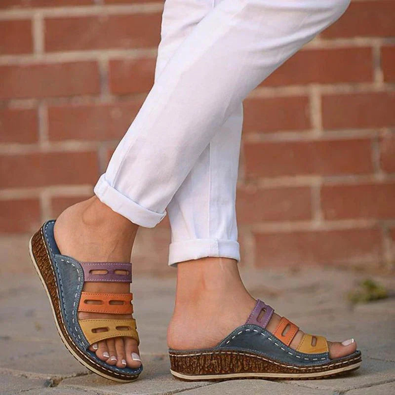 Open Toe Cut Out Multi Strap Wedge Slide Sandals