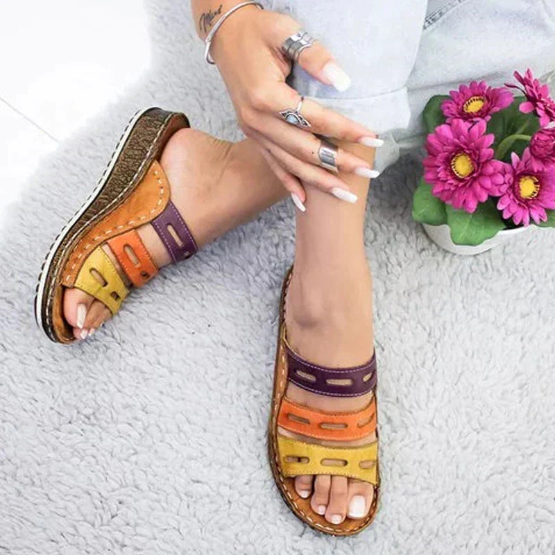 Open Toe Cut Out Multi Strap Wedge Slide Sandals