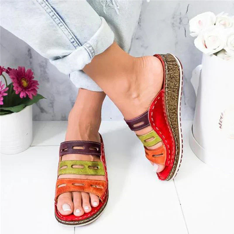 Open Toe Cut Out Multi Strap Wedge Slide Sandals