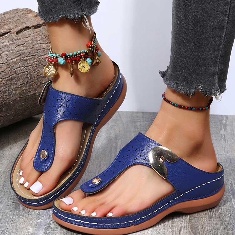 Cut Out Toe Post T-Strap Low Wedge Sandals