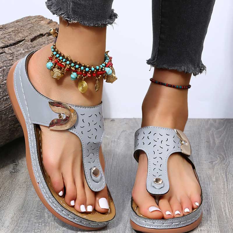 Cut Out Toe Post T-Strap Low Wedge Sandals