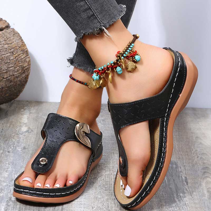 Cut Out Toe Post T-Strap Low Wedge Sandals