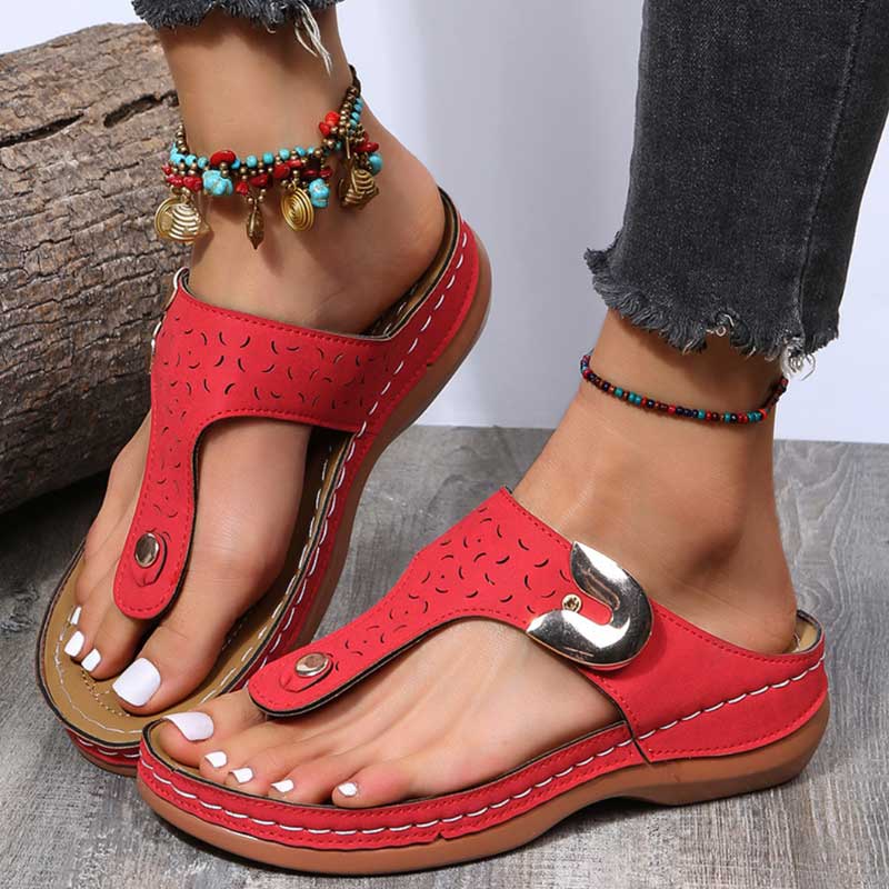 Cut Out Toe Post T-Strap Low Wedge Sandals