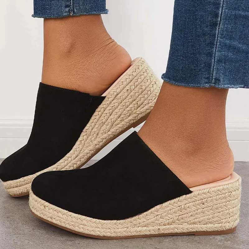 Closed Toe Suede Look Jute Platform Wedge Mules