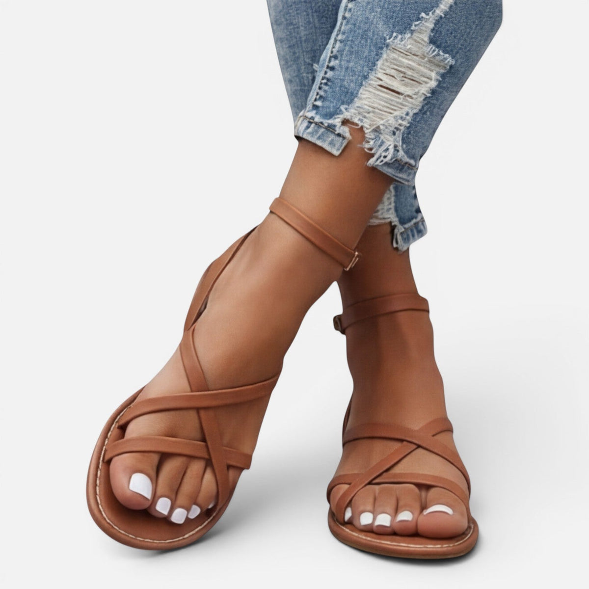 Maison Straver | Women’s Leather Sandals Flat Strappy Comfortable Ankle Strap