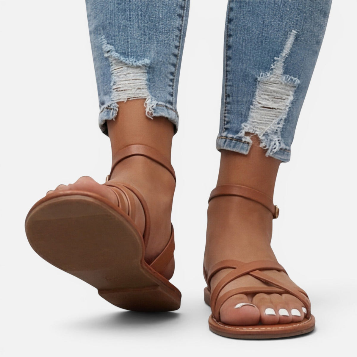 Maison Straver | Women’s Leather Sandals Flat Strappy Comfortable Ankle Strap