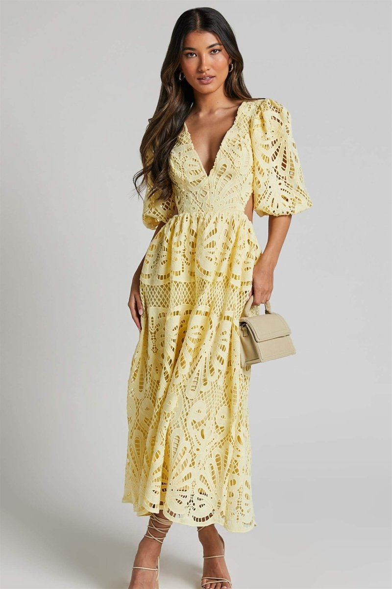Aesthetic Susana Midi Dress with Cut Outs and Lace Embroidery Designer Edit