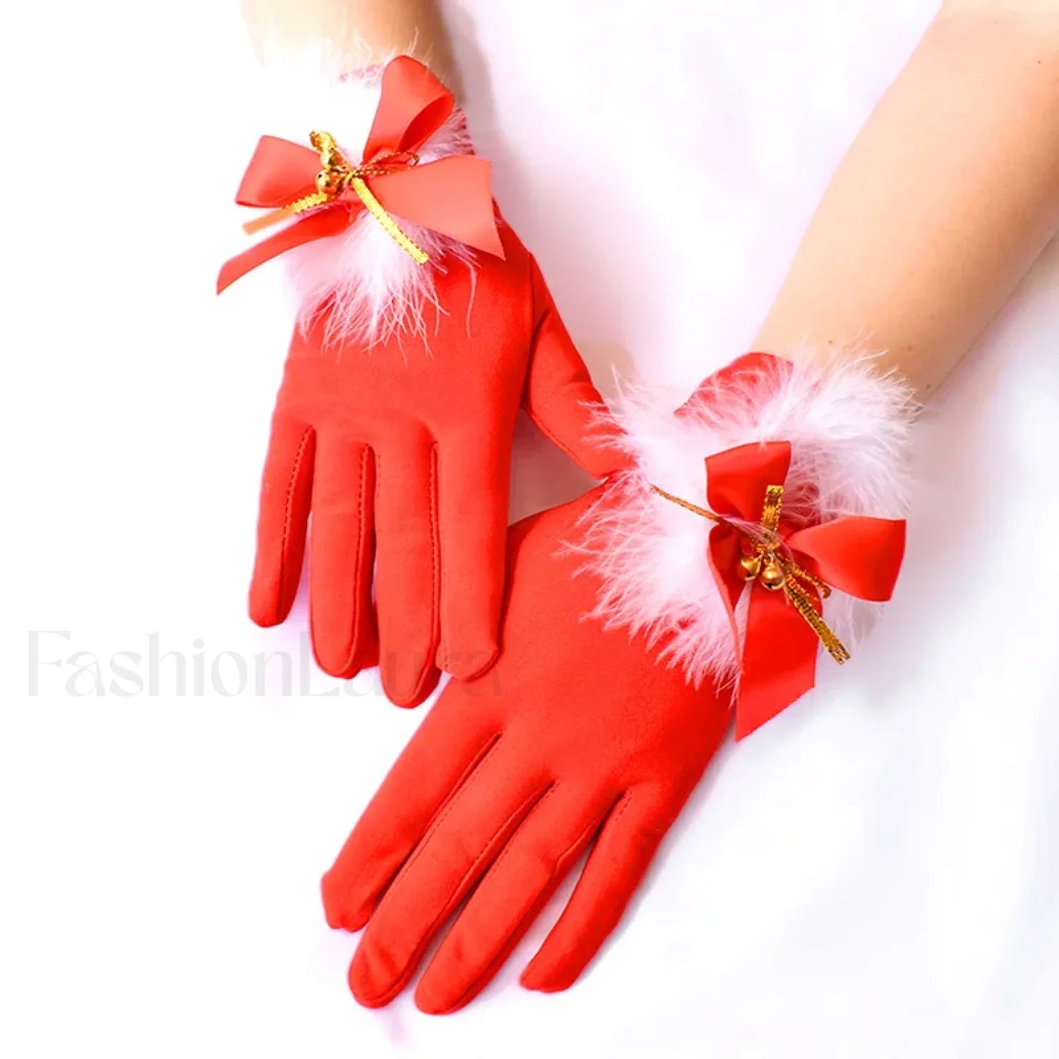 Santa Claus Festive White Fur Short Red Full Finger Fancy Dress Party Christmas Glove Red2