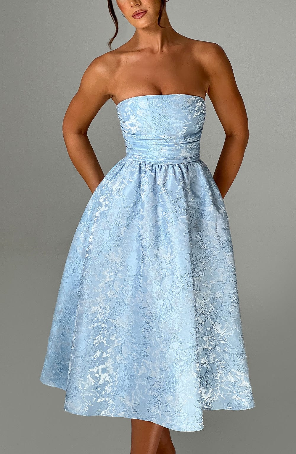 Floral Jacquard Strapless Ruched Waist Fit and Flare Midi Dress