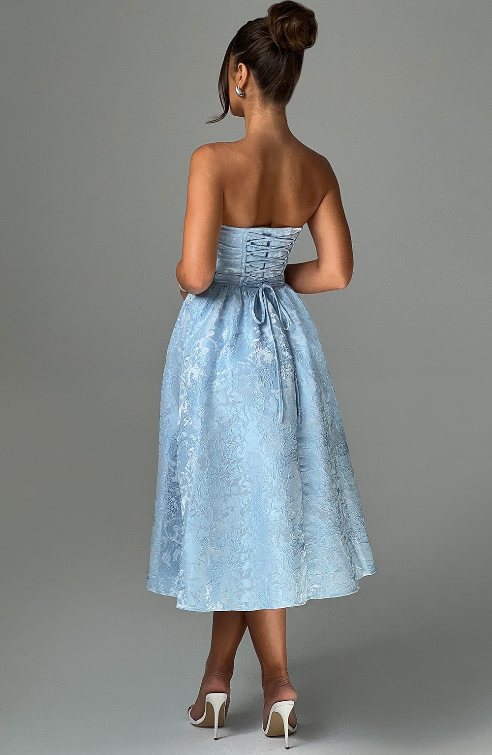 Floral Jacquard Strapless Ruched Waist Fit and Flare Midi Dress 5