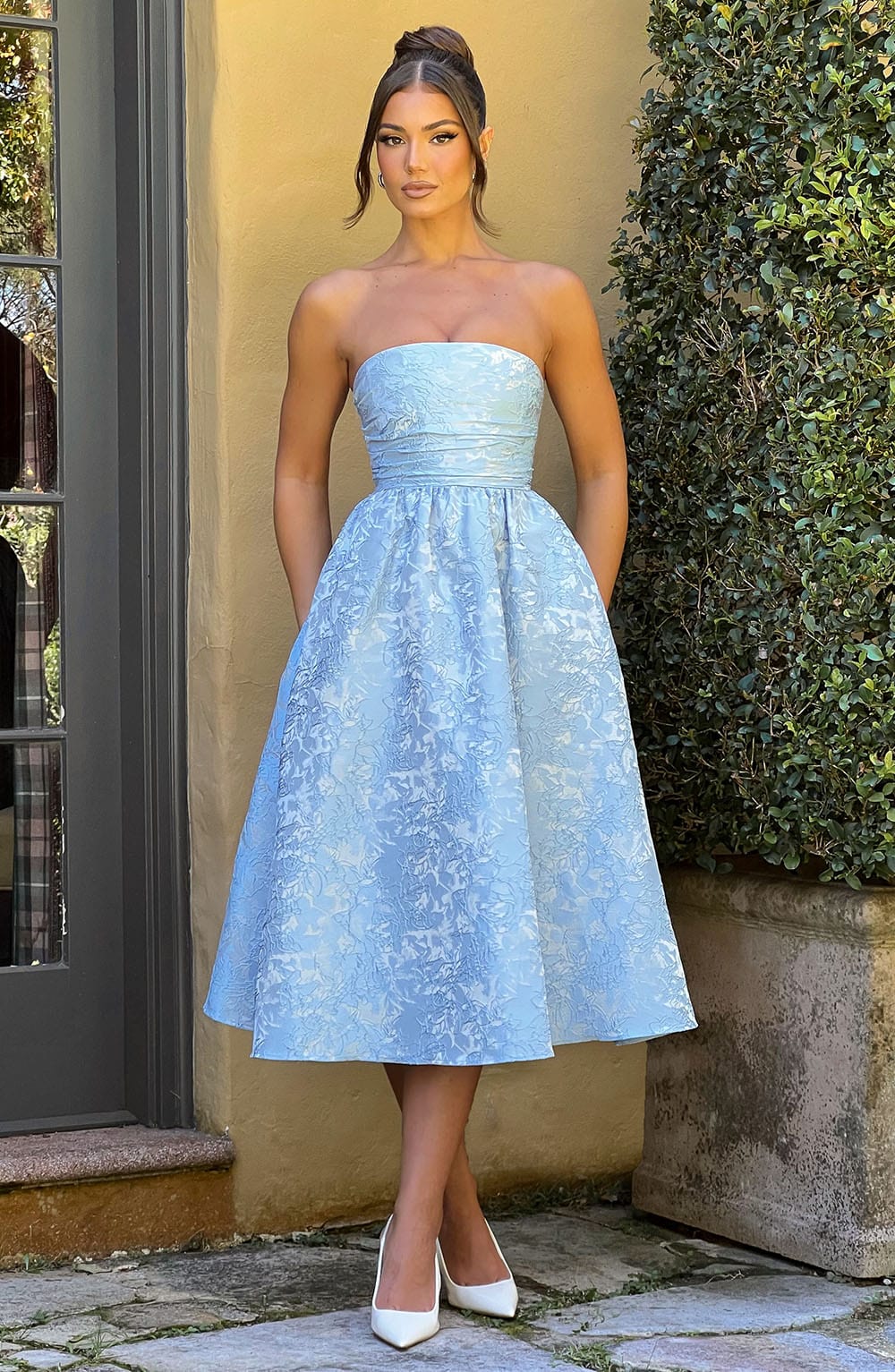 Floral Jacquard Strapless Ruched Waist Fit and Flare Midi Dress 8