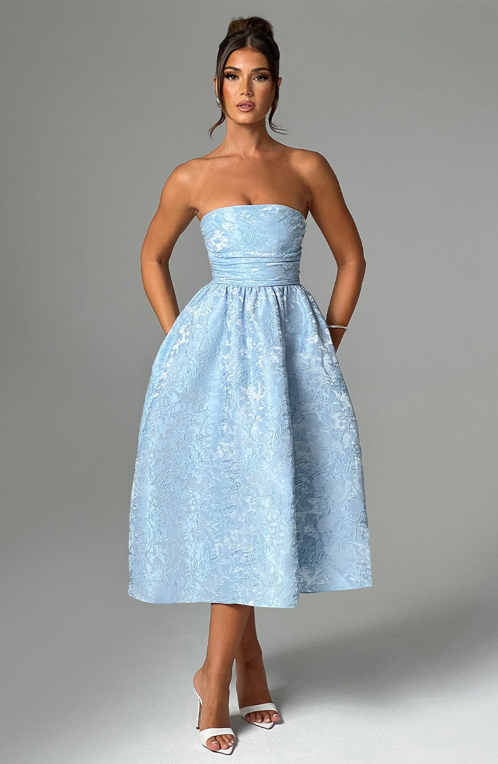 Floral Jacquard Strapless Ruched Waist Fit and Flare Midi Dress 4