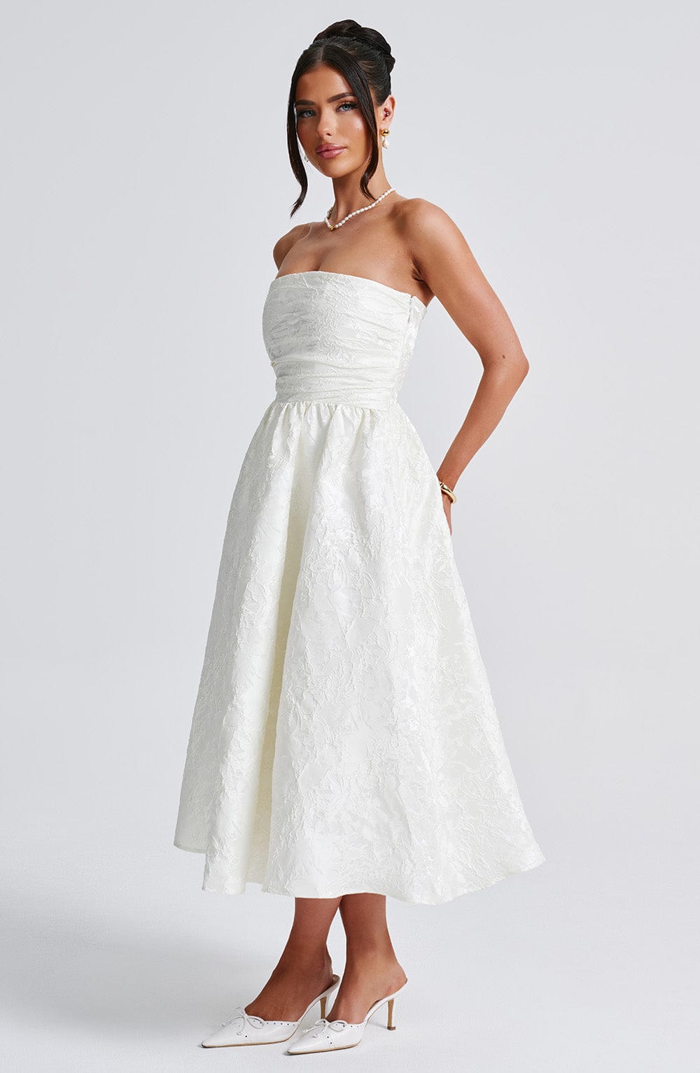 Floral Jacquard Strapless Ruched Bodice A-Line Midi Dress 5