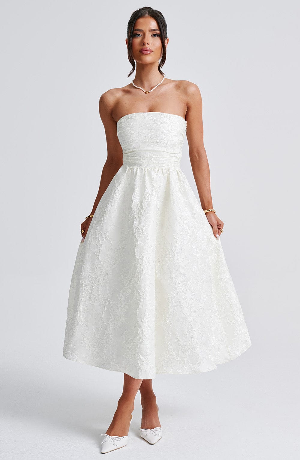 Floral Jacquard Strapless Ruched Bodice A-Line Midi Dress 6