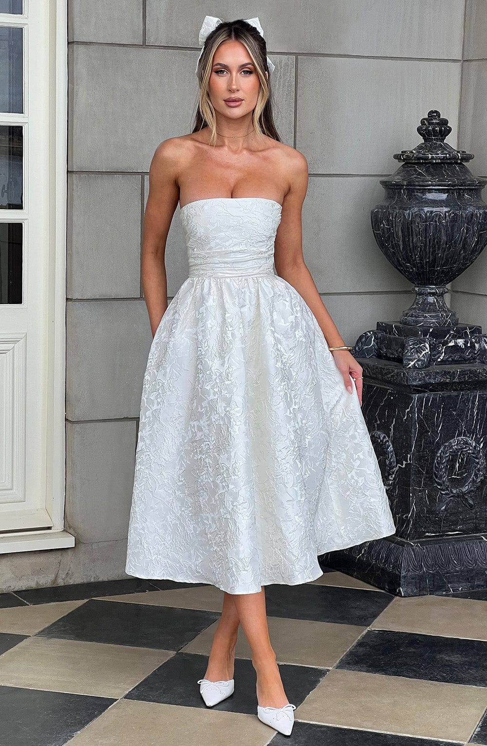 Floral Jacquard Strapless Ruched Bodice A-Line Midi Dress