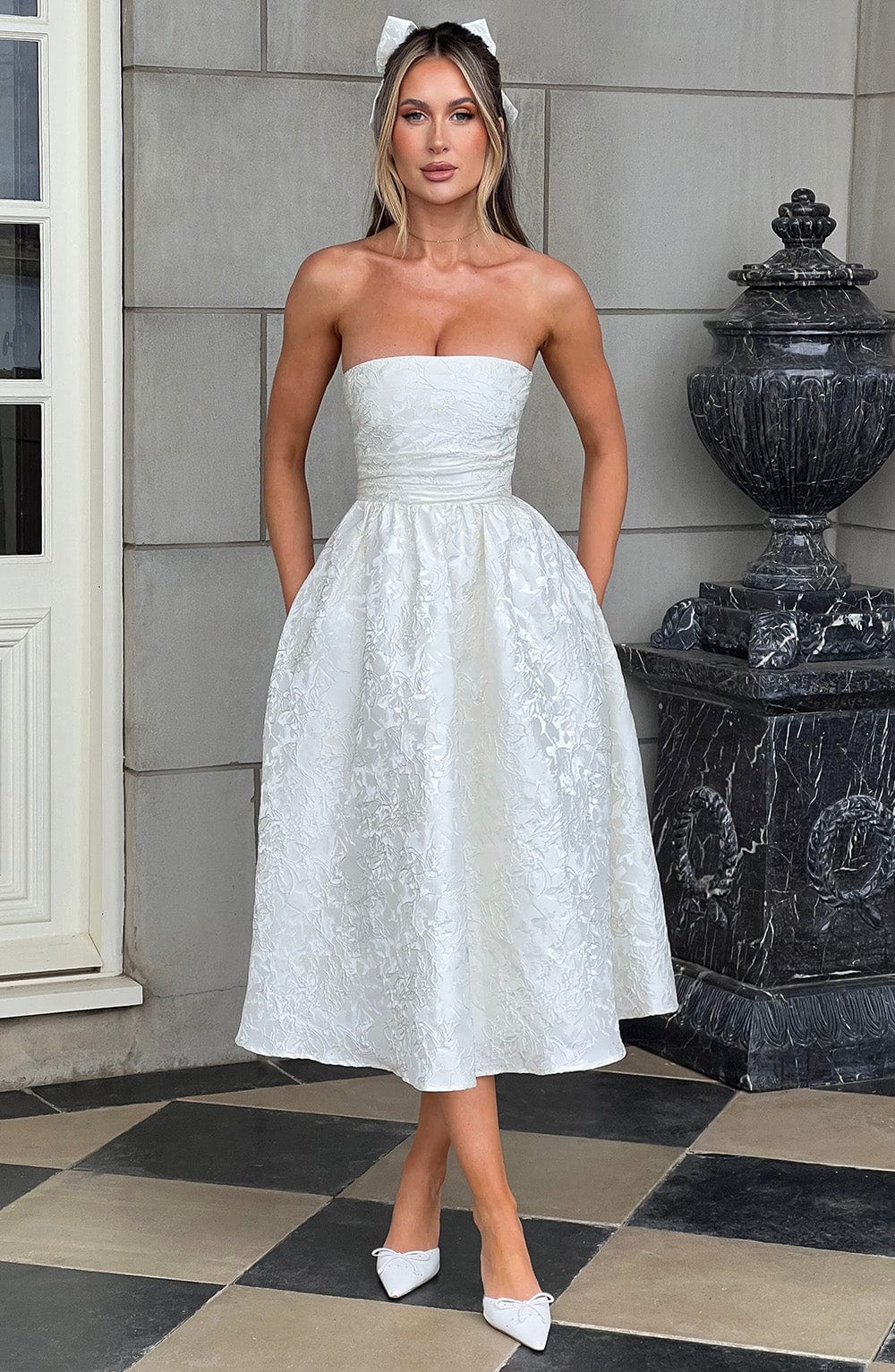 Floral Jacquard Strapless Ruched Bodice A-Line Midi Dress 3