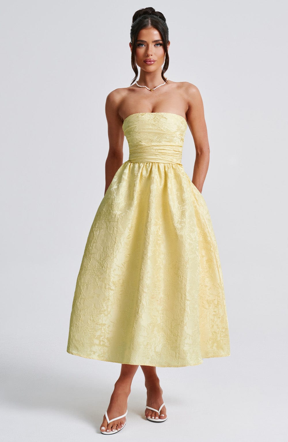Jacquard Strapless Ruched Bodice A-Line Midi Dress 9