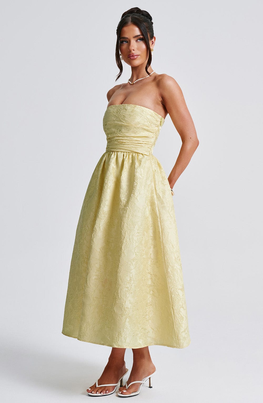 Jacquard Strapless Ruched Bodice A-Line Midi Dress 5